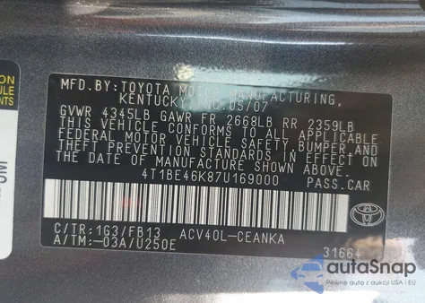2007 Toyota Camry Ce from USA, damaged, VIN 4T1BE46K87U169000